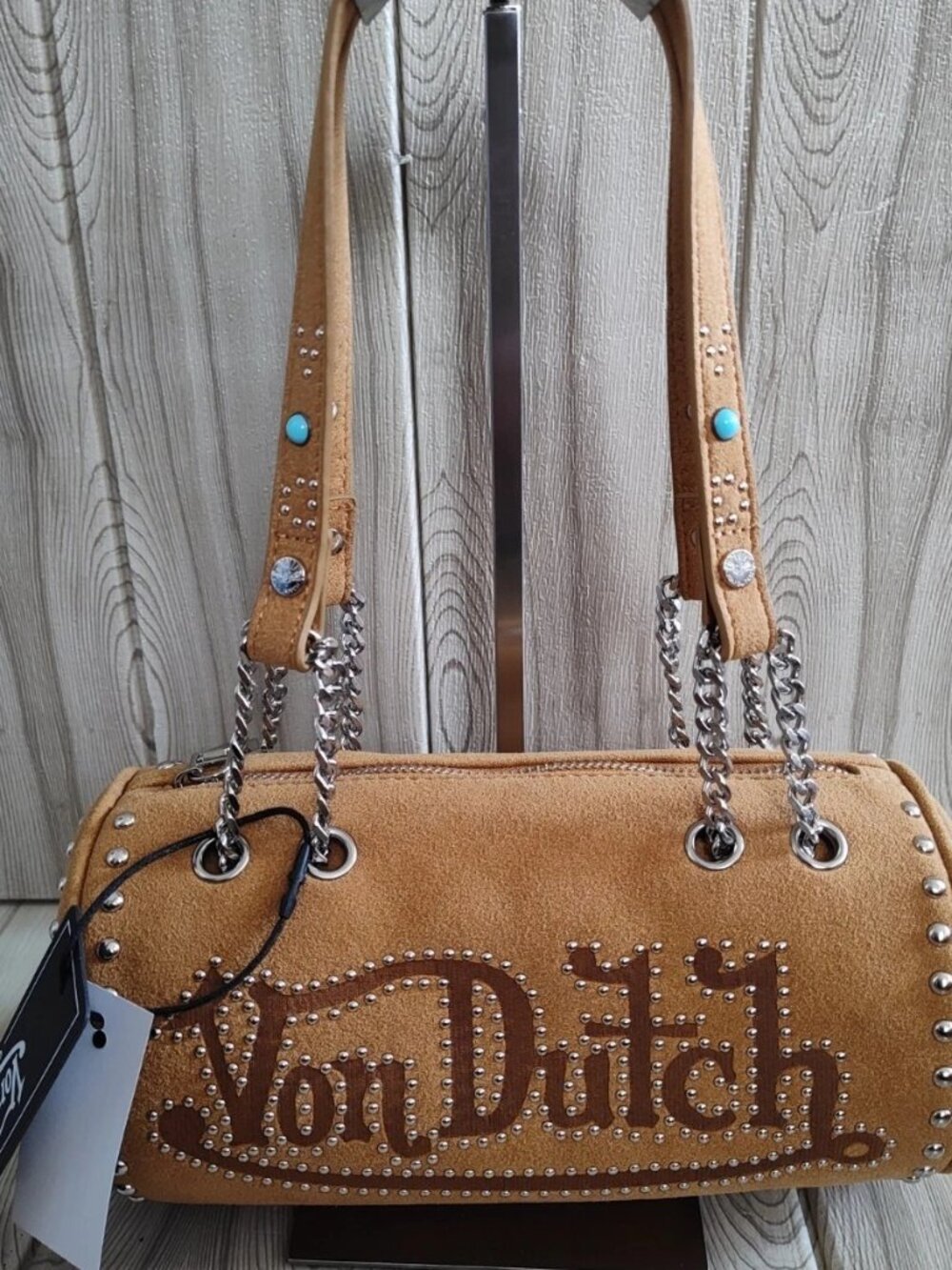 Von Dutch Studded Barrel Bag in Camel Suede NWT